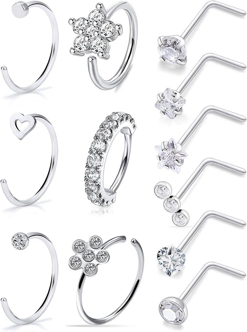 Ftovosyo 18G 20G Nose Rings Surgical Steel Nose Rings Hoop for Women Men Paved CZ Flower Nostril Piercing Jewelry L Shaped Nostril Ring Stud Set - Image 1